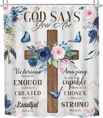 MESHELLY Christian Flower Shower Curtain 60Wx72H Rustic Farmhouse Cross Teal Bible Verse Scriptures Bathroom Curtain Inspiration Quote Bath Curtain Fabric Motivational Bathroom Decor with 12 Hooks