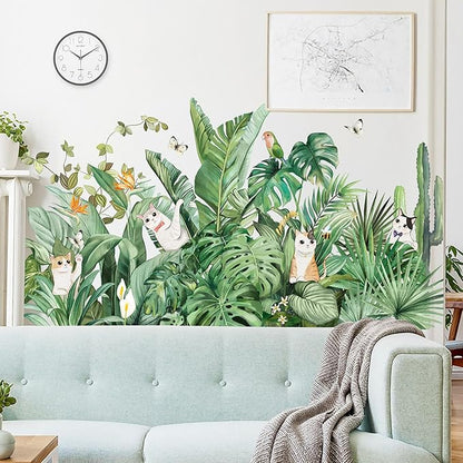 Green Plants Wall Stickers Cat Parrot Butterfly Cactus Wall Decals Bedroom Living Room Sofa TV Background Wall Classroom Office Children's Room Wall Decor