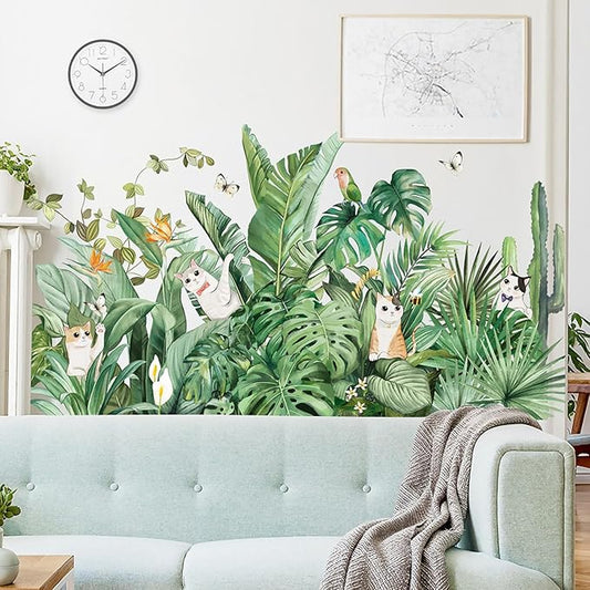 Green Plants Wall Stickers Cat Parrot Butterfly Cactus Wall Decals Bedroom Living Room Sofa TV Background Wall Classroom Office Children's Room Wall Decor