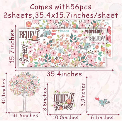 Large Pink Flowers Tree Wall Decals Spring Tree Wall Stickers Baby Girls Room Decor Believe Inspirational Quotes Wall Decals Peel and Stick Cherry Blossom Decals for Bedroom Nursery Living Room Decor