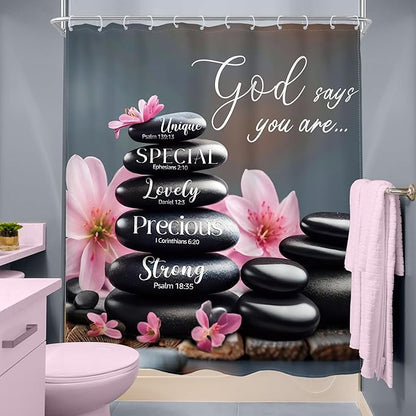 MESHELLY Zen Black Pink Shower Curtain 60Wx72H Scripture Flower Spa Relaxing Meditation Massage Bathroom Curtain Quotes Stone Bible Verse Bath Curtain Fabric Bathroom Accessories Decor with 12 Hooks