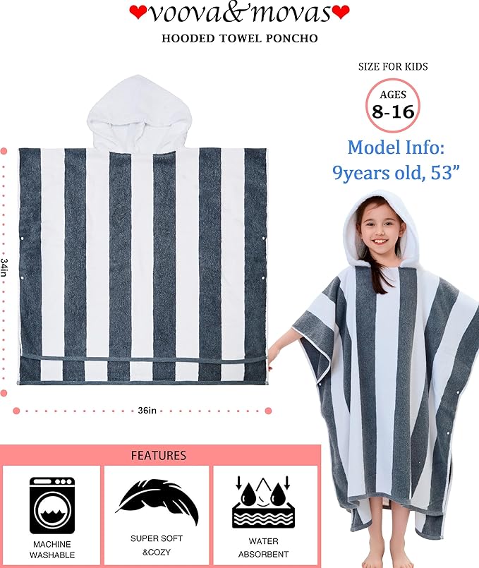 VOOVA & MOVAS Quick Dry Hooded Poncho Towel for Teens (8-16Years), 100% Cotton Thick Poncho Towel Robe for Kids | Boys, Perfect for Pool, Beach, Bath and Gifts, Gray White Stripe