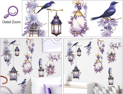 Removable 3D DIY Hanging Flowers Wall Decal Floral and Lamp Wall Sticker Peel and Stick Flower Vine Wall Decor for Kids Girls Bedroom Nursery Living Room Background Decoration (Purple)
