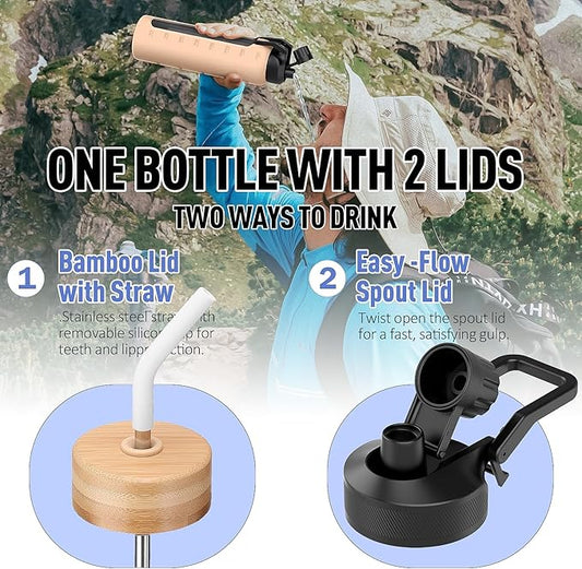 Glass Water Bottles with Straw -32oz- Water Bottle Phone Holder for Gym Large Motivational Water Bottle with Time Marker Glass Drinking Bottles 2 Lids - Spout & Bamboo Straw Lid(White)