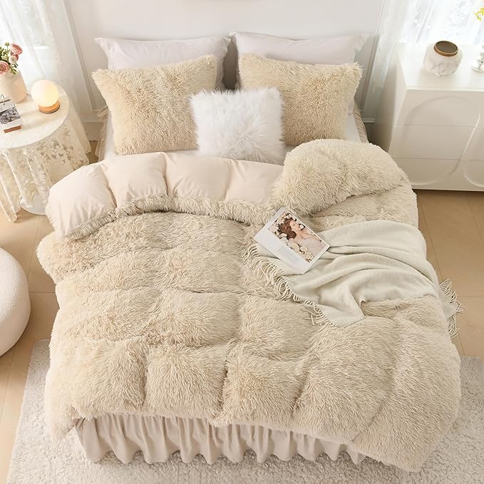 Litanika Beige Plush Comforter King Size, Luxury Fluffy Fuzzy Bedding Set for King Bed, Ultra Soft Velvet Shaggy Comforter 3 Pieces(1 Faux Fur Comforter 104×90 Inch, 2 Pillowcases)