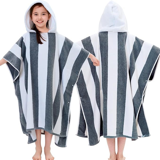 VOOVA & MOVAS Quick Dry Hooded Poncho Towel for Teens (8-16Years), 100% Cotton Thick Poncho Towel Robe for Kids | Boys, Perfect for Pool, Beach, Bath and Gifts, Gray White Stripe