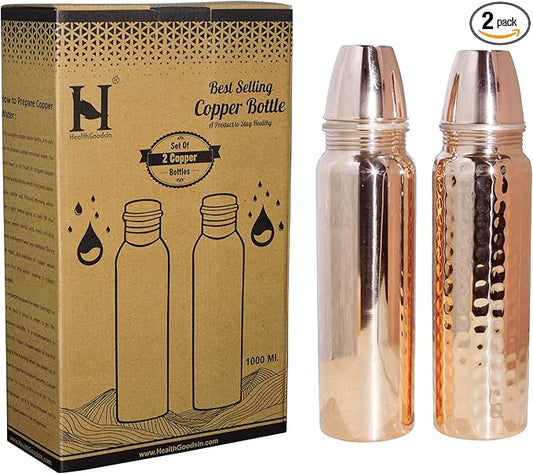 Set of Plain and Hammered Copper Water Bottle Thermos, 850 Ml (28.75 Fl Oz) UNLINED, UNCOATED and LACQURED-FREE for Ayurveda Health Benefits