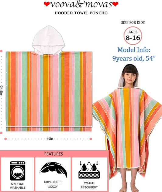VOOVA & MOVAS Big Kids Hooded Poncho Towels for Teens (8-16Years), 100% Cotton Thick Poncho Towel, Perfect for Pool, Beach, Bath,Pink Blue Purple Stripe