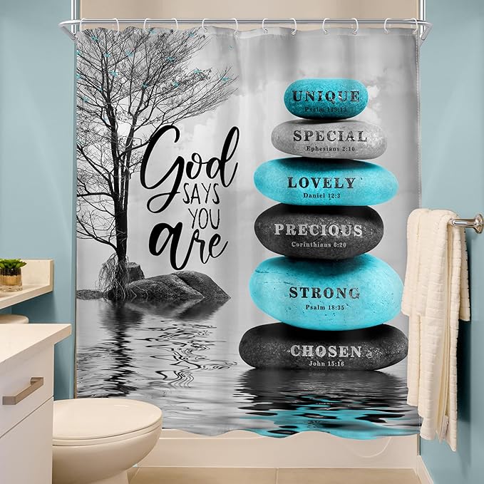 MESHELLY Zen Stone Bible Verse Shower Curtain 60Wx72H Teal Blue Spa Relaxing Meditation Massage Quotes Bathroom Curtain Black Tree Inspirational Bath Curtain Gray Bathroom Decor Fabric with 12 Hooks