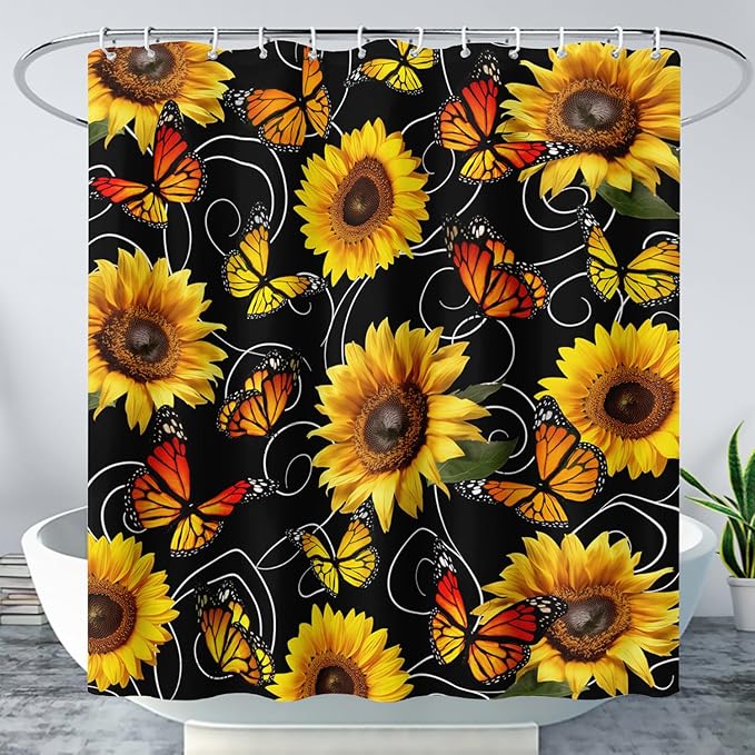 AILONEN Yellow Sunflower and Butterfly Shower Curtain,Garden Flower Black Bath Curtain,Modern Botanical Floral Waterproof Shower Curtain, 72" W x 72" H