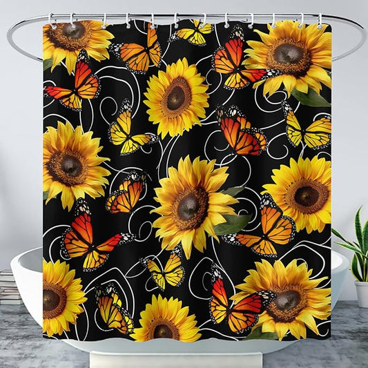 AILONEN Yellow Sunflower and Butterfly Shower Curtain,Garden Flower Black Bath Curtain,Modern Botanical Floral Waterproof Shower Curtain, 72" W x 72" H