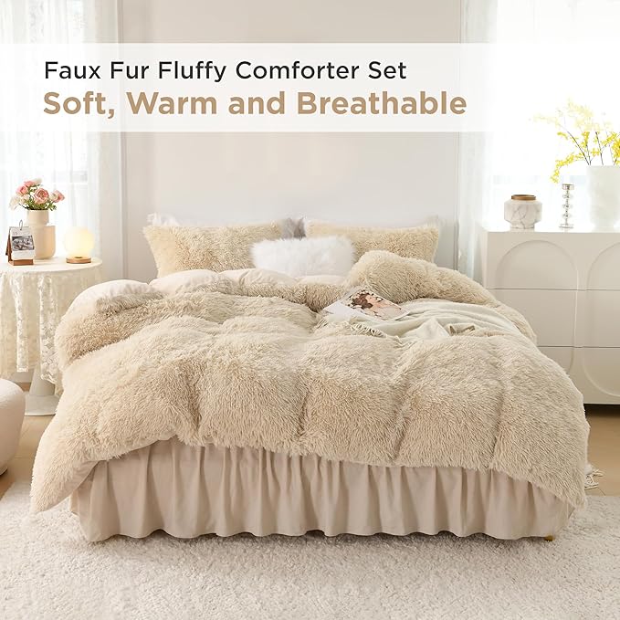 Litanika Beige Plush Comforter King Size, Luxury Fluffy Fuzzy Bedding Set for King Bed, Ultra Soft Velvet Shaggy Comforter 3 Pieces(1 Faux Fur Comforter 104×90 Inch, 2 Pillowcases)