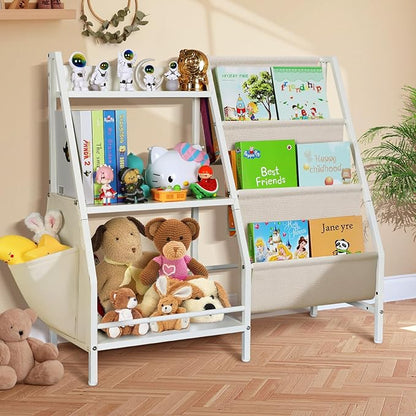 3-Tier Kids White bookshelf for Toy Storage and Display，Montessori Toddler bookcase Holds 100 Collection，Children Book Organizer Suitable for Toddler Baby Kid, Play Room,classroom,Nursery