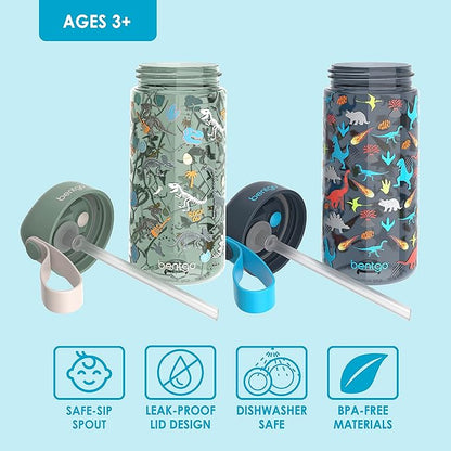 Bentgo Kids Water Bottle 2-Pack - Leak-Proof, Durable Tritan™, BPA-Free 15 oz Cup for Kids/Toddlers 3+; Flip-Up Straw; Dishwasher Safe for School/Sports/Daycare/Camp (Dinosaur/Dino Fossils)