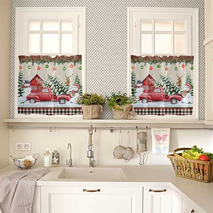 Christmas Kitchen Curtains and Valances Set, Farm Red Truck Window Treatments Tiers Winter Holiday Snowman Semi Sheer Half/Short Curtains for Small Windows Cafe /Living Room/ Bedroom 54x24 in