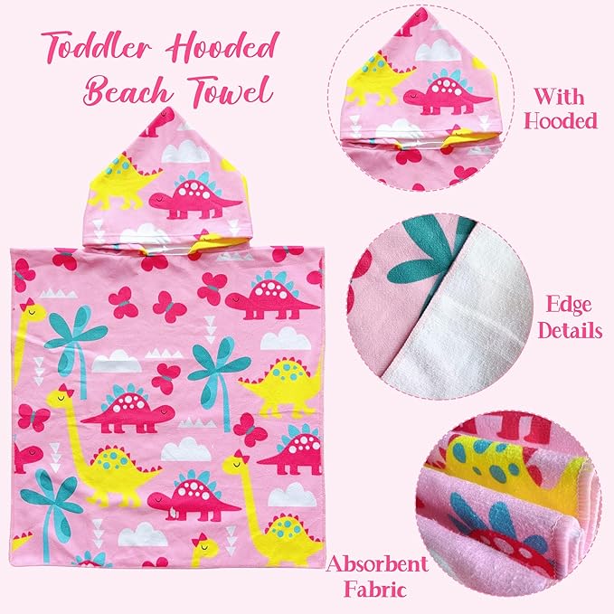 Dinosaur Beach Towel with Hood for Boys Girls Pink Kids Hooded Bath Towel Toddler Swim Pool Cover Up for 2-4 Years
