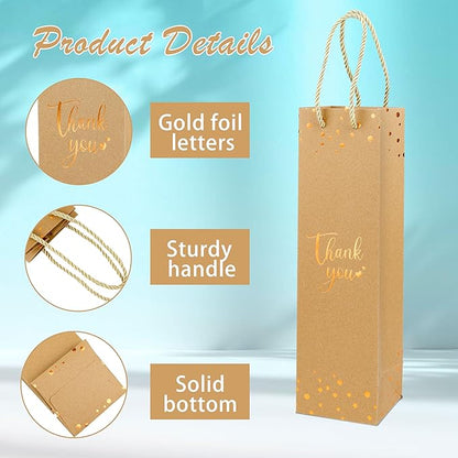 Ssyuysto 12 Pcs Wine Thank You Bags for Wine Bottles Elegant Wine Gift Bags with Metallic Gold Foil Print Kraft Paper Wine Bags with Handles for Travel(Brown)
