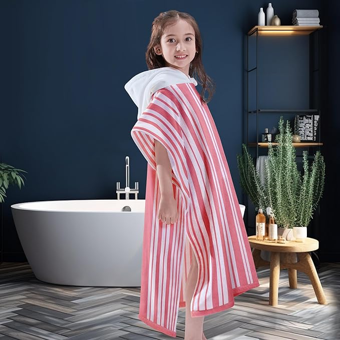 VOOVA & MOVAS Big Girl | Teens Towels with Hood (8-16Years), Large Thick and Absorbent Cotton Hooded Pool Towel Robe- Versatile for Pool, Swim, and Bath, Pink and White Cabana Striped