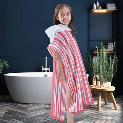 VOOVA & MOVAS Big Girl | Teens Towels with Hood (8-16Years), Large Thick and Absorbent Cotton Hooded Pool Towel Robe- Versatile for Pool, Swim, and Bath, Pink and White Cabana Striped