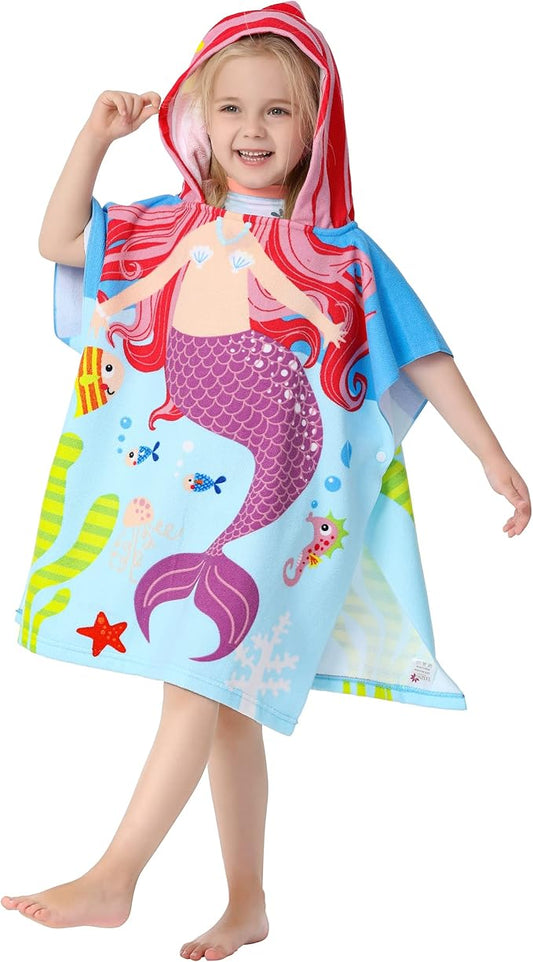 Lightweight Microfiber Hooded Beach Towel for Kids, Toddlers Bath/Pool/Swim Poncho Cover-ups Swimwear (3D Mermaid with bag)