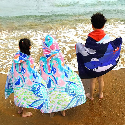 BANGSAUR Kids Hooded Beach Bath Towels, 100% Cotton 50"x30" Wrap Blanket, Toddlers Boys 3-12 Years Coverup Towel White Shark