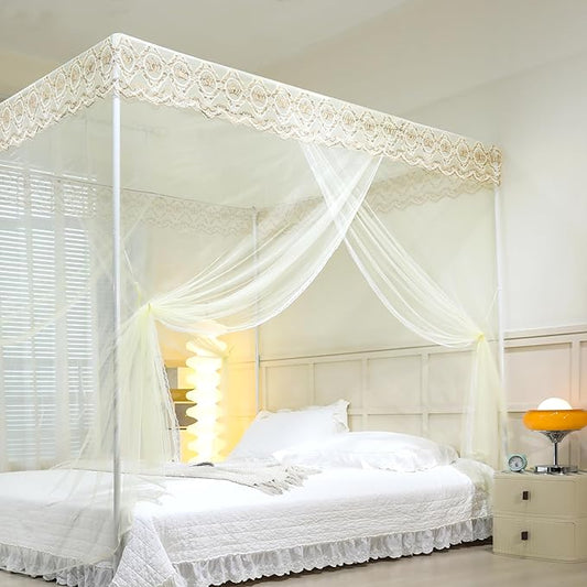 Bed Canopy, Princess Bed Curtain Net for Girls & Adults，Three-Doors Rectangle Lace Dome Netting (Yellow, King)