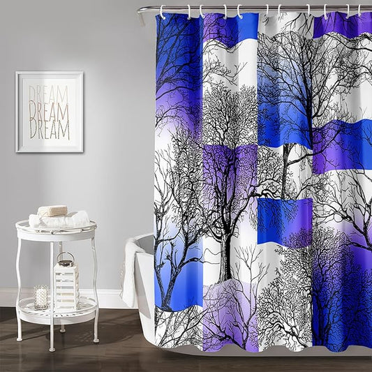 AILONEN Blue and White Tree Abstract Shower Curtain,Minimalist Printed Plant Tree Arts Bath Curtain,Modern Boho Waterproof Curtain for Bathroom Decor, 72" W x 78" H