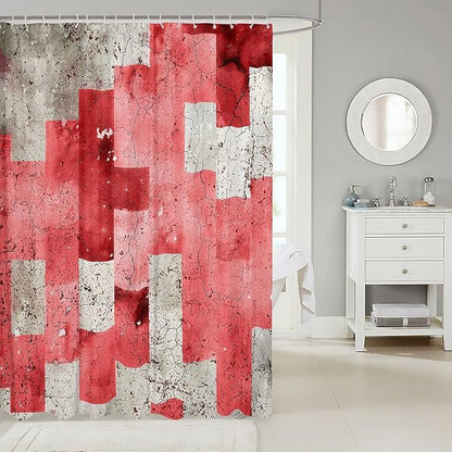 Feelyou Kids Geometric Red Shower Curtain Geometry Bath Curtain Boys Girls Checkered Bathroom Shower Curtain Set Modern Art Teens Bathroom Accessories Room Decor 72"x78"