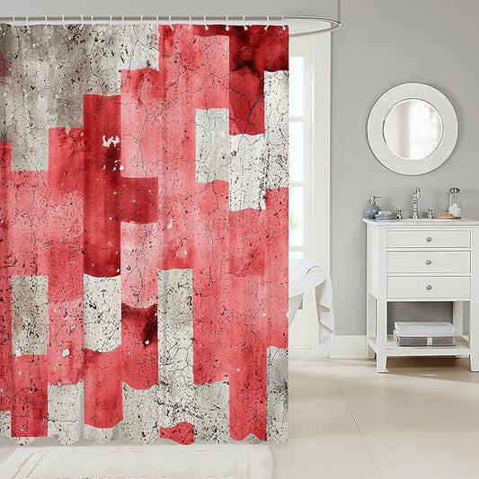 Feelyou Kids Geometric Red Shower Curtain Geometry Bath Curtain Boys Girls Checkered Bathroom Shower Curtain Set Modern Art Teens Bathroom Accessories Room Decor 72"x78"
