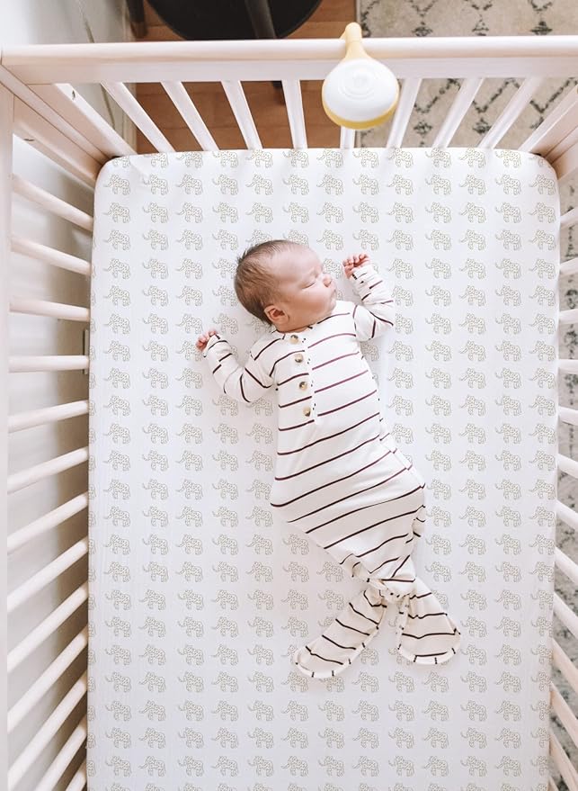 TotAha Premium Stretchy Crib Sheets (2-Pack)-Hypoallergenic, Silky Comfort, Buttery Soft, Calming Effect, All-Season Jersey-Knit Sheets, 9'' Extra Deep Pocket (Belgian & Blue Painted Elephant)