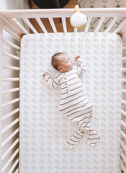 TotAha Premium Stretchy Crib Sheets (2-Pack)-Hypoallergenic, Silky Comfort, Buttery Soft, Calming Effect, All-Season Jersey-Knit Sheets, 9'' Extra Deep Pocket (Belgian & Blue Painted Elephant)