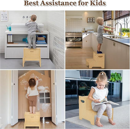 Step Stool for Kids, Wooden Toddler Step Stool for Bathroom Sink with Safety Anti-Slip Mat and Strip, Assembly Easily, Sturdy Kid Step Stool for Brushing Teeth, Kitchen, Toilet Potty Training
