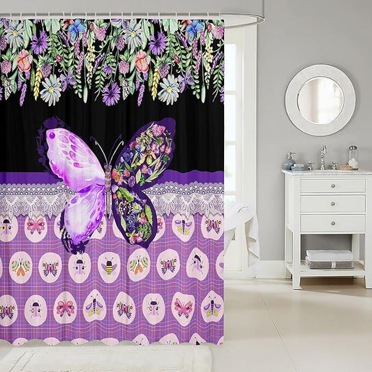 Feelyou Butterfly Shower Curtain 72"x78" Botanical Floral Flower Printed Bathroom Shower Curtain Set for Boys Girls Teens Black Purple Bath Curtain Garden Animal Natural Theme Bathroom Accessories