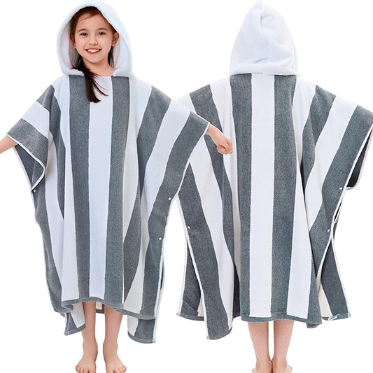 VOOVA & MOVAS Quick Dry Hooded Beach Towels for Boys| Girls | Teens (8-16Years), Absorbent 100% Cotton Thick Poncho Towel Robe for Kids, Perfect for Pool, Beach, Bath and Gifts, Gray White Stripe