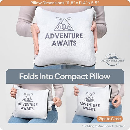 Travel Pillow & Blanket Set - Super Soft 2 in 1 Blanket with Cozy Hand & Feet Pouches Zip into Plush Pillows - Large Size Wraps You in Warmth on Airplanes - Luggage Sleeve & Backpack Clip (Gray)