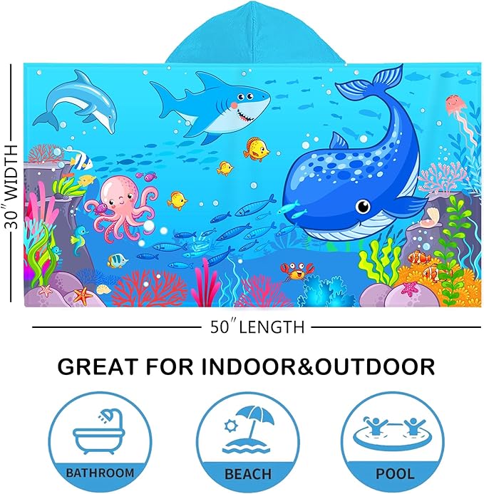 Blue Sea World Hooded Beach Towel for Kids, Cute Bath Towel with Hood, Boy Microfiber Super Absorbent Soft Poncho Bathrobe for Swin Pool 30”x50”