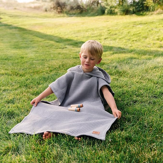 Hooded Towel for Kids | Snaps into a Poncho | Organic Cotton Waffle | Lightweight and Absorbent | Bath, Beach, and Pool | Multiple Colors | (Medium (3-6 Yrs), Dove)