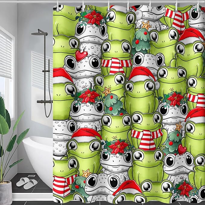 AILONEN Cute Cartoon Frog Shower Curtain,Funny Frog White Green Animal Frog Bath Curtain for Kids Boys Girls,Waterproof Curtain for Bathroom with 12 Plastic Hooks, 36" W x 72" H
