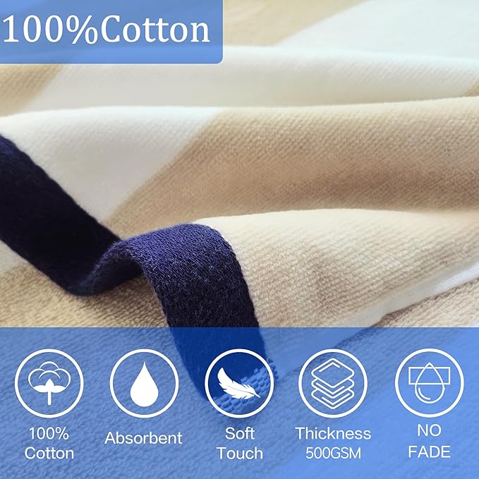 VOOVA & MOVAS Hooded Beach Towels for Boys| Girls | Teens (8-16Years), 100% Cotton Thick Poncho Towel Robe for Kids, Perfect for Pool, Beach, Bath and Gifts, Beige Stripe