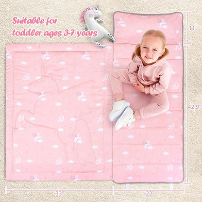 UOMNY Toddler Nap Mat - 1 Pack Girls Sleeping Bag with Removable Pillow - Unicorn 50x20 Inch Kids Preschool Nap Sack with Pillow Pink Girls Napper Nap Mats for Daycare Napping Bag for Girls