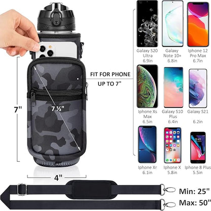 Fimibuke 32 oz Water Bottle with Sleeve - BPA Free Leakproof Sport Large 1L Plastic Motivational Water Bottle with Straw Strap & Insulated Neoprene Holder Carrier Bag Great Xmas Gift for Women Men