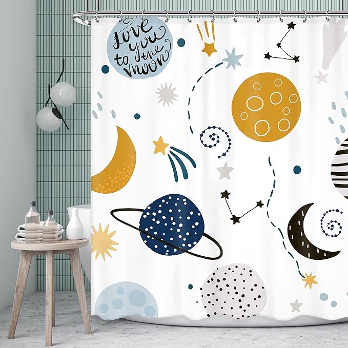 Kids Boys Shower Curtain Cartoon Planet Cute Universe Galaxy Space Moon Kid Shower Curtain Bathroom Set Baby Print Cosmos for Boys Girls Kids Bath Curtain Accessories Decor 60Wx72L