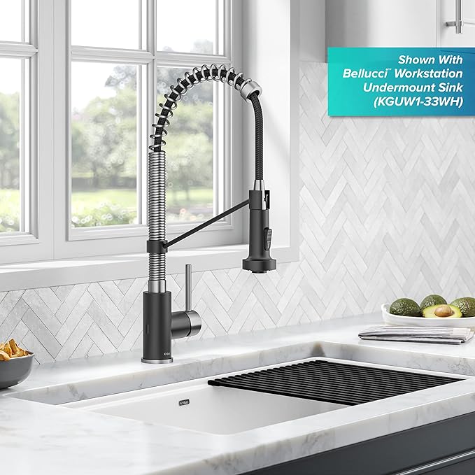 KRAUS Bolden Touchless Sensor Commercial Style 2-Function Single Handle Pull-Down Kitchen Faucet in Spot-Free Stainless Steel / Matte Black, KSF-1610SFSMB
