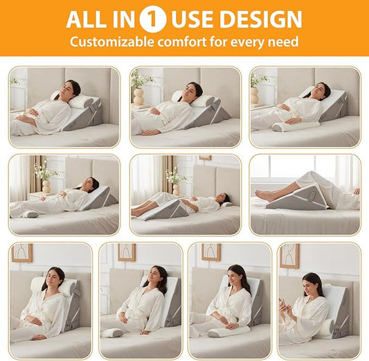 3PCS Orthopedic Bed Wedge Pillow Set for Sleeping, Wedge Pillow for Back Pain Relief, 10-in-1 Adjustable Bed Wedge Pillow Post Surgery, Triangle Pillow for Acid Reflux Snoring Gerd, White/Grey