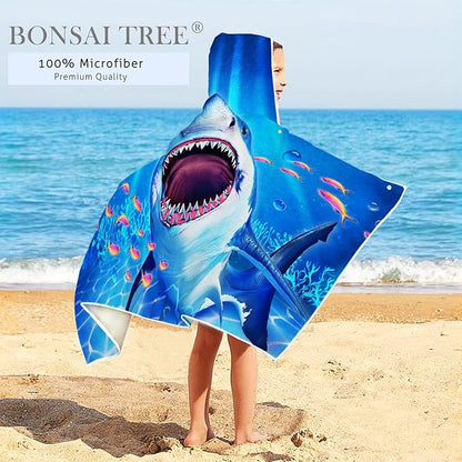 Shark Beach Towel, Shark Towel for Kids with Hood, Ocean Fishes Hooded Towel for Boys 30" x 50", Funny Sea Animals Microfiber Absorbent Soft Bath Towel Poncho Bathrobe for Swin Pool