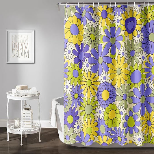 AILONEN Flower Shower Curtain for Bathroom,Polyester Fabric Waterproof,Purple Yellow Plants Flowers Bath Curtains Washable, 72" W x 84" H