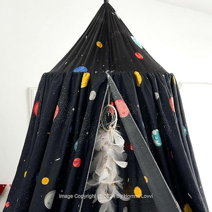 Space Planets Print Kids Bed Canopy, Girls Princess Bed Canopy Dreamy Room Decor, Soft Hanging Reading Nook Play Tent Canopy, Extra Large Full Size Bed Canopy with String Light