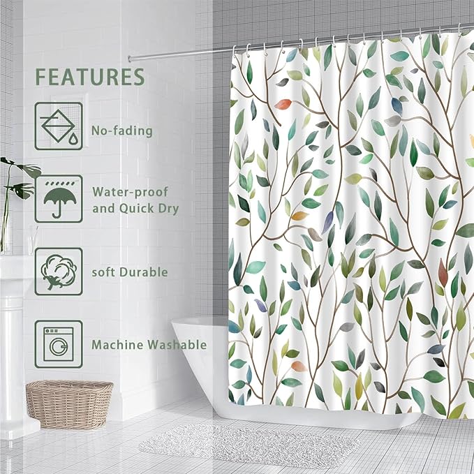 Boho Sage Green Floral Shower Curtain, Spring Summer Colorful Botanical Flower Leaves Bohemian Fabric Shower Curtain Set with 12 Hooks, Bathroom Accessories Decor Cloth Curtain 72x72 Inches