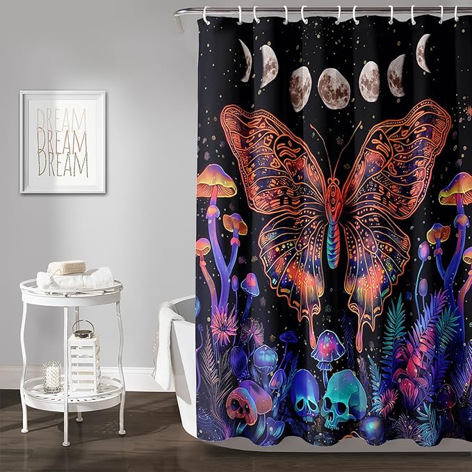 AILONEN Colorful Butterfly Shower Curtain,Magic Mushroom Waterproof Fabric Bath Curtain for Kids Girls,Boho Sun and Moon Skull Shower Curtain Set for Bathroom 60" W*72" H