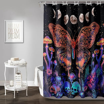 AILONEN Colorful Butterfly Shower Curtain,Magic Mushroom Waterproof Fabric Bath Curtain for Kids Girls,Boho Sun and Moon Skull Shower Curtain Set for Bathroom 72" W*72" H